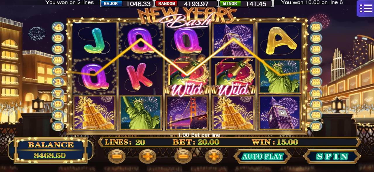 MEGA888 NEW YEAR'S BASH game screen showing bonus features and betting options