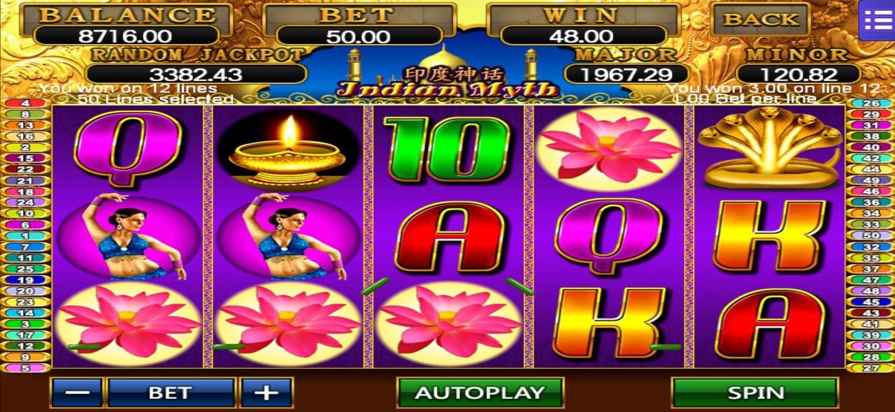 MEGA888 INDIAN MYTH Game Interface Showing Reels and Betting Options