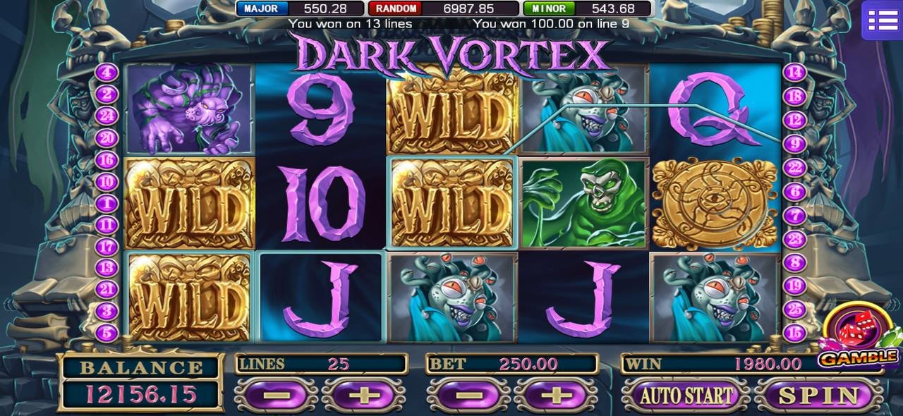 DARK VORTEX Bonus Round Activation showing scatter positions