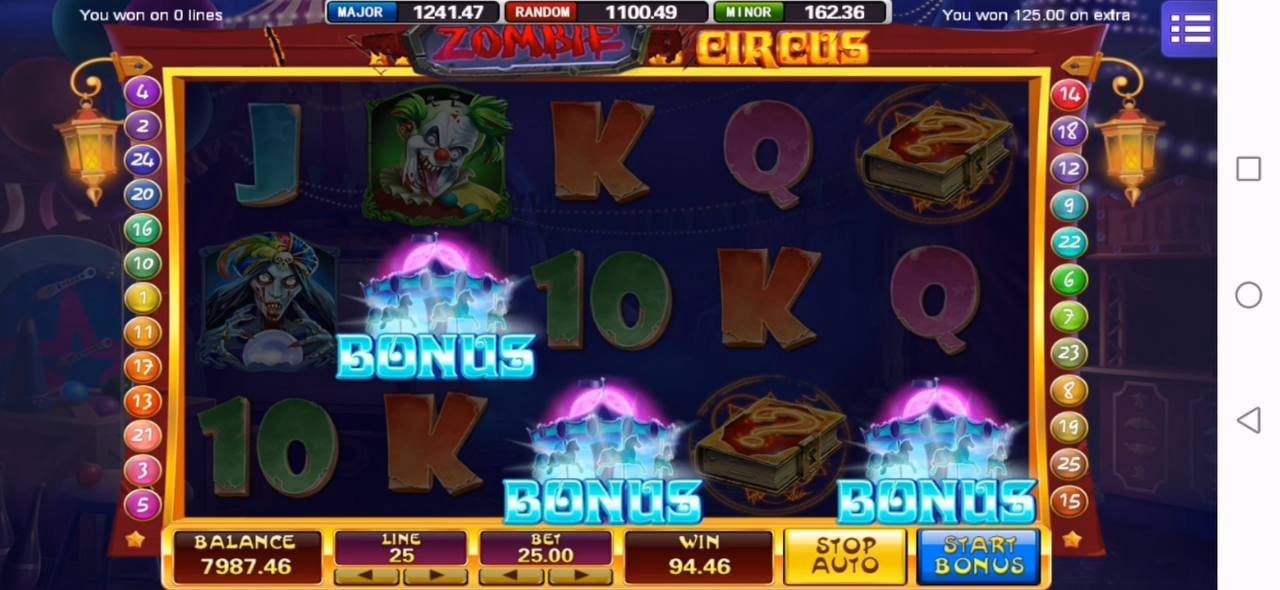 MEGA888 ZOMBIE CIRCUS Slot Game Interface showing bonus rounds and zombie performers